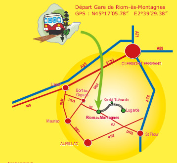 Plan routier vers la gare de Riom-ès-Montagnes, avec accès depuis Clermont-Ferrand, Aurillac, Saint-Flour, Ussel et Condat